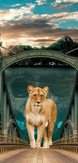 Fantasy wallpaper with a lion on a bridge, set against a surreal ocean backdrop.