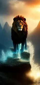 Majestic lion on misty rocks at sunset with mountains.