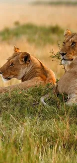 Two lions resting in grassy African savannah.