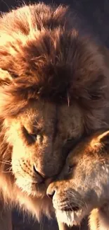 A pair of lions sharing a tender moment in warm sunlight.