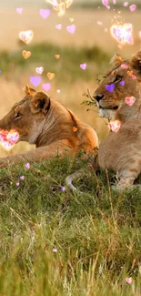 Lions lying in grass with heart overlay decoration.