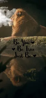 Lion by water with motivational quote 'Be You, Be True, Just Be'.