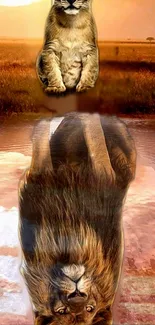 Majestic lion in savannah reflection wallpaper for mobile.