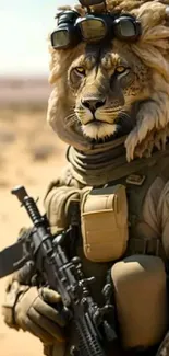 Lion in combat gear standing in the desert.