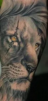 Close-up of a lion tattoo on an arm with lifelike details.