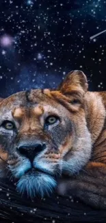 Majestic lion rests under a starry night sky with cosmic elements.