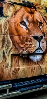 Lion mural on a van's rear, colorful and vibrant.