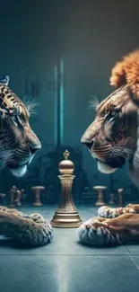 Lion and tiger facing each other over chess piece in a strategic showdown scene.