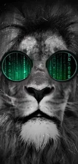 Lion with digital glasses and green matrix effect.