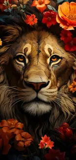 Lion with vibrant orange and red flowers on a dark background.