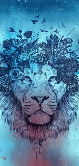 Lion with floral crown on blue background.