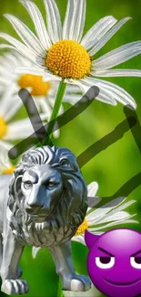 Lion statue with daisies and purple emoji on green background.