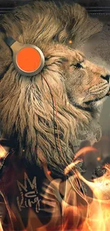 Lion with headphones and fiery background wallpaper.