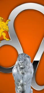 Leo zodiac wallpaper with lion statue and orange background.