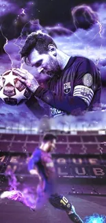 Vibrant football-themed wallpaper with dynamic player in purple shades.