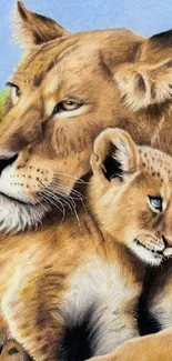 Illustrated lioness with cub in a serene, natural setting, perfect for mobile wallpaper.