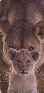 Lioness standing protectively with cub on grass.