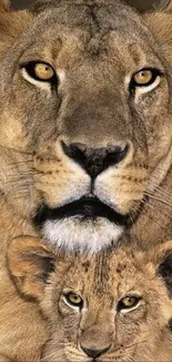 Lioness and cub close-up portrait in nature.