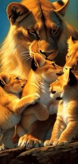 Lioness with playful cubs in natural setting.