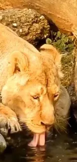 Lioness drinking water by a riverbank in golden natural setting.