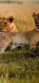 Two lionesses resting on grassy savanna scene.