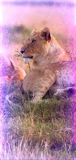 Lioness resting in the wild with a glittery, dreamy overlay effect, perfect for mobile.