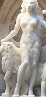 Marble lioness sculpture with two lions.