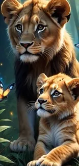 Fantasy wallpaper of lions and butterflies in the jungle.