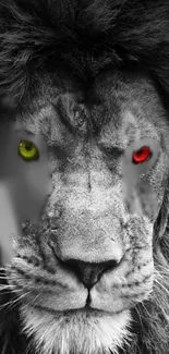 Black and white lion with vivid red and green eyes, striking mobile wallpaper.