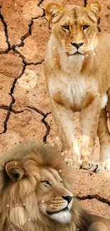 Lions standing on cracked dry ground.