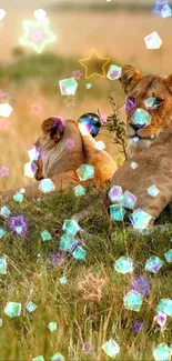 Lions lounging in a field with colorful floating stars and cubes.