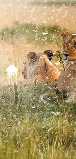 Lions resting in a rain-soaked grassland with raindrops on the lens.