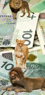 Wallpaper of lions on Polish currency notes with vibrant colors.