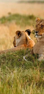 Lions lying peacefully in the grassy African savanna.