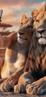 Two lions taking a selfie at sunset.