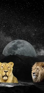 Two lions resting under a starry night sky with a moonlit landscape.