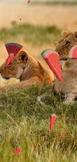 Two lions with artistic watermelon slices on grassland background.