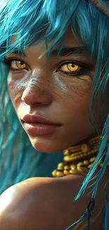 Mystical portrait wallpaper with blue hair and golden eyes for mobile background.