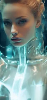 Futuristic woman in a sci-fi inspired setting with teal and metallic tones.