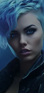 Futuristic portrait with blue hair and edgy style in dark background.