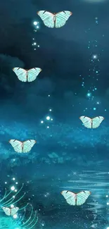 Blue butterflies soar in a mystical night sky.