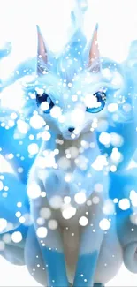 Ethereal blue fox surrounded by magical snowflakes.