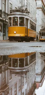 Yellow tram in Lisbon reflecting on a wet street, capturing urban charm.