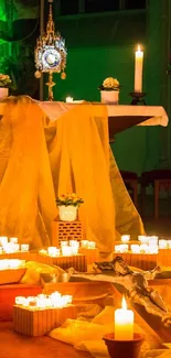 Candles glow warmly on a decorated altar.