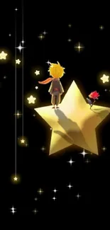 Little Prince on a glowing star in a starry night sky wallpaper.