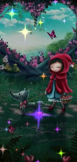 Little Red Riding Hood with wolf in magical garden wallpaper.