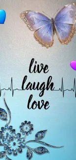 Live Laugh Love wallpaper with butterfly and heart design on blue background.