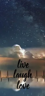 Starry night sky with 'Live Laugh Love' quote.