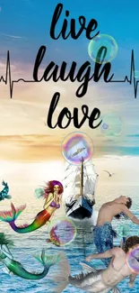 Mermaids and ship in ocean with 'Live Laugh Love' text.