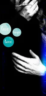 Live Laugh Love mobile wallpaper with hands and blue accents.